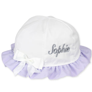 personalised sun hat baby girl white lilac summer sun hat