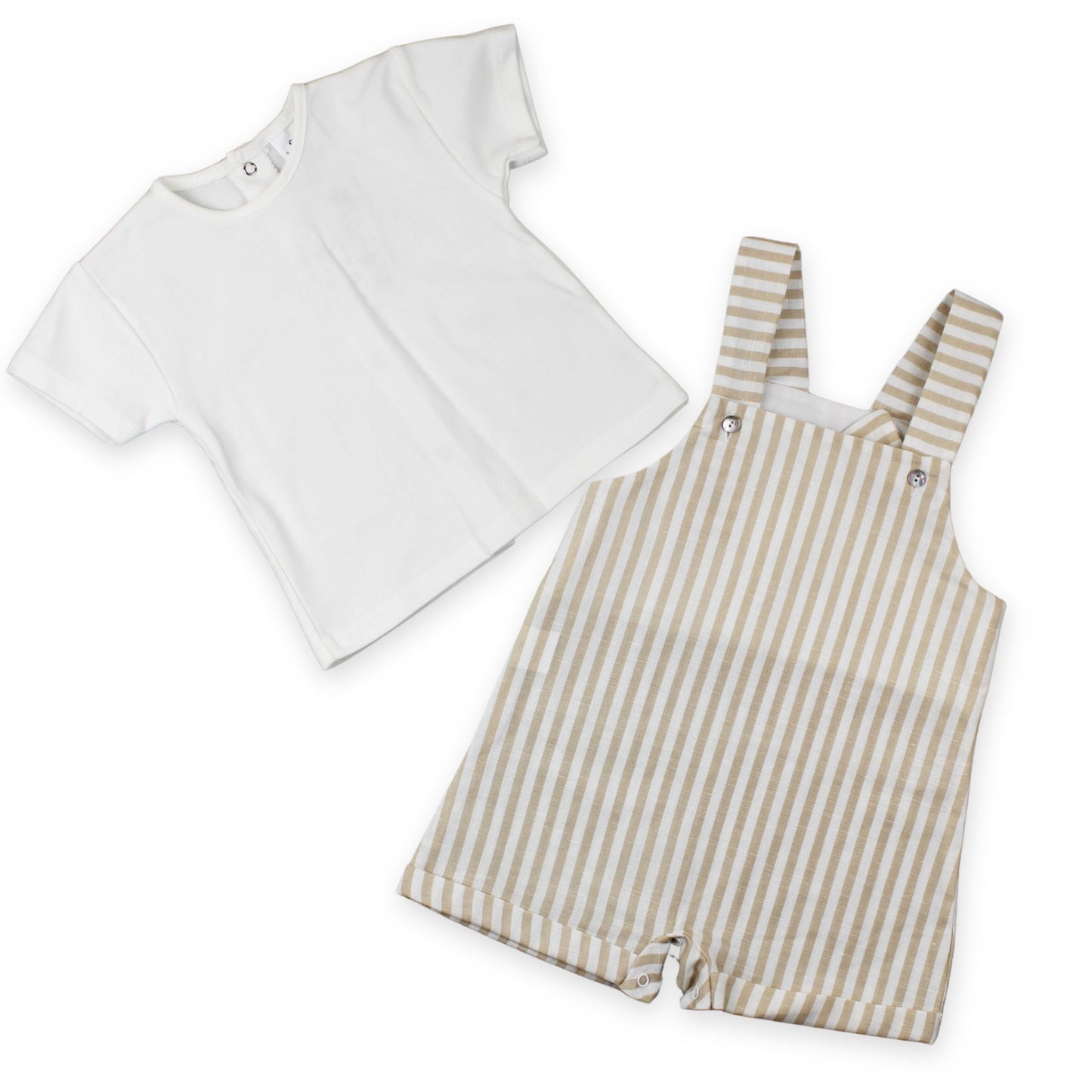 Baby Boys Beige & White Striped Dungaree Set – Summer Two Piece Outfit