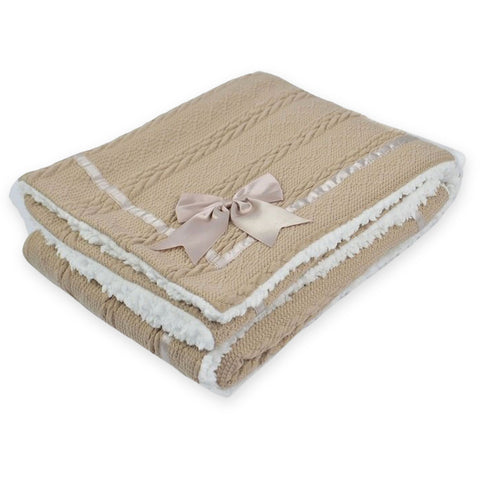 Baby Blanket Coffee Chevon Cable Knit Wrap Satin Trim & Bow