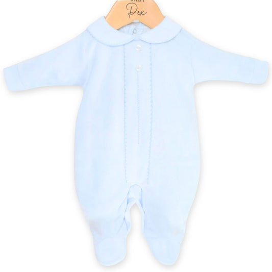 baby boys blue velour sleepsuit by pex