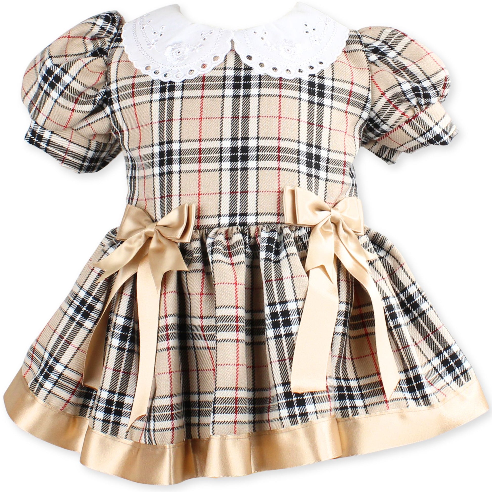 Beige Tartan Dress with Gold Bows | Handmade in the UK Lullaby Lane Baby Shop Beige Tartan Dress with Gold Bows | Handmade in the UK Lullaby Lane Baby Shop