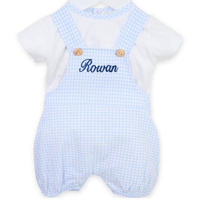 Personalised Baby Boys Blue Checked Two-Piece Summer Outfit