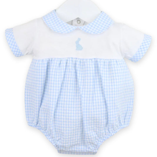 BABY BOYS CHECKED RABBIT BLUE AND WHITE ROMPER