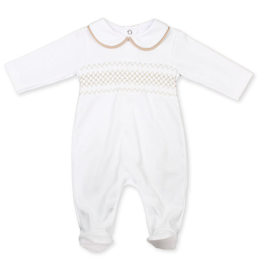 baby boy all in one cotton sleepsuit white with beige smocking