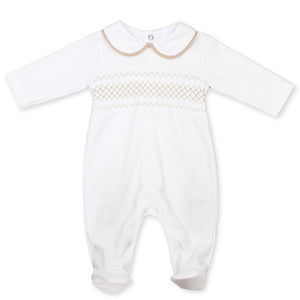 baby boy all in one cotton sleepsuit white with beige smocking
