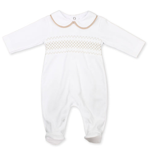 baby boy all in one cotton sleepsuit white with beige smocking