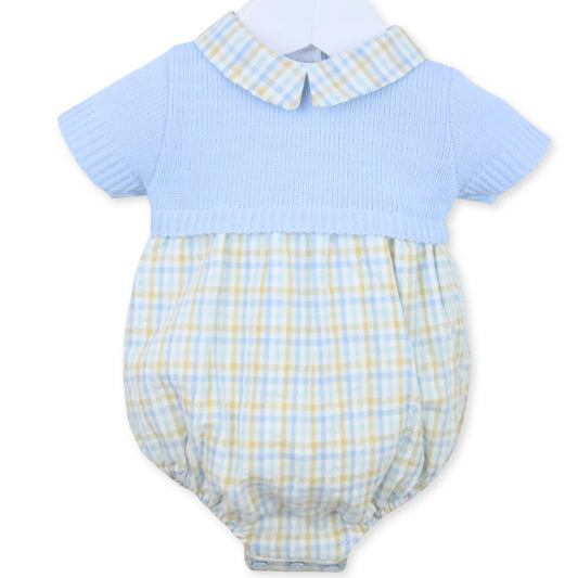Baby boys knitted checkered pattern romper blue pex