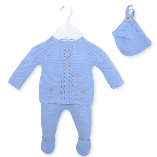 BABY BOYS BLUE THREE PIECE KNITTED PEX OUTFIT