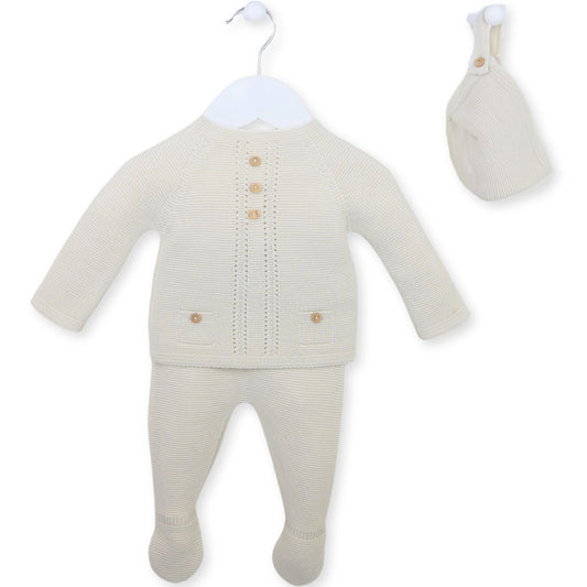 BEIGE KNITTED THREE PIECE OUTFIT PEX BABY BOYS