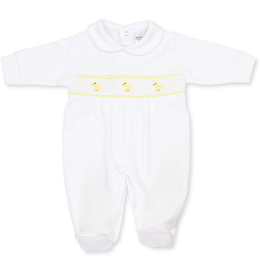 Unisex Baby Cotton Sleepsuit – White with Lemon & Chick Embroidery | Pex