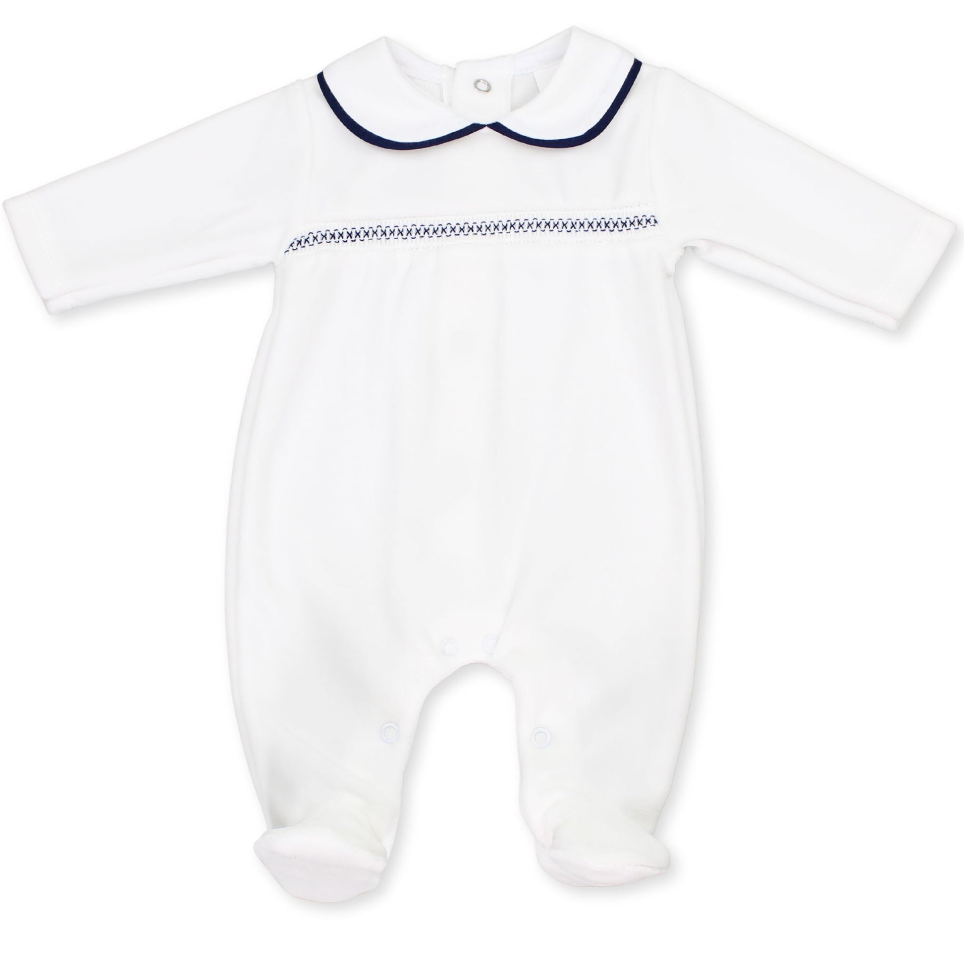 Shop Cute and Cosy Baby Boys Velour Smocked Sleepsuit White