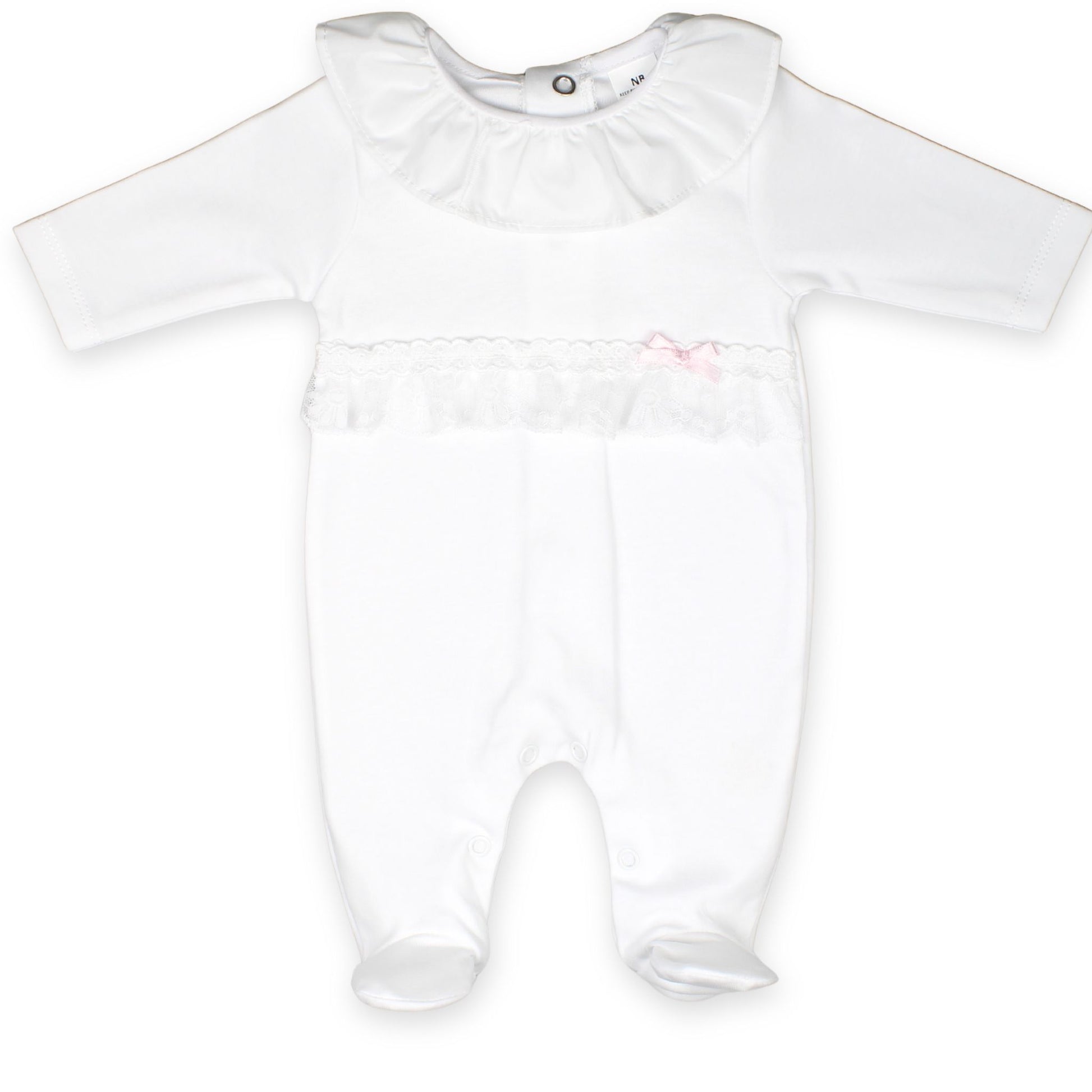 baby girl white cotton sleepsuit with lace and bow