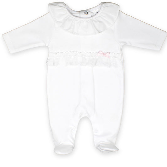 baby girl white cotton sleepsuit with lace and bow