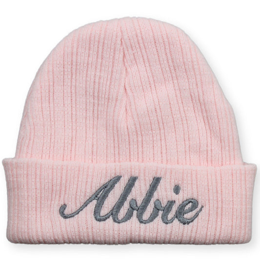 personalised pastel pink beanie hat baby girl