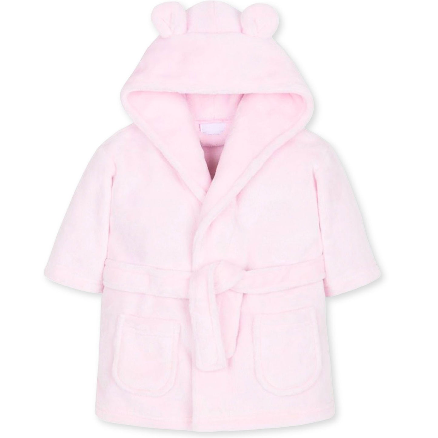 Pink children's robe with bear ears on a white background