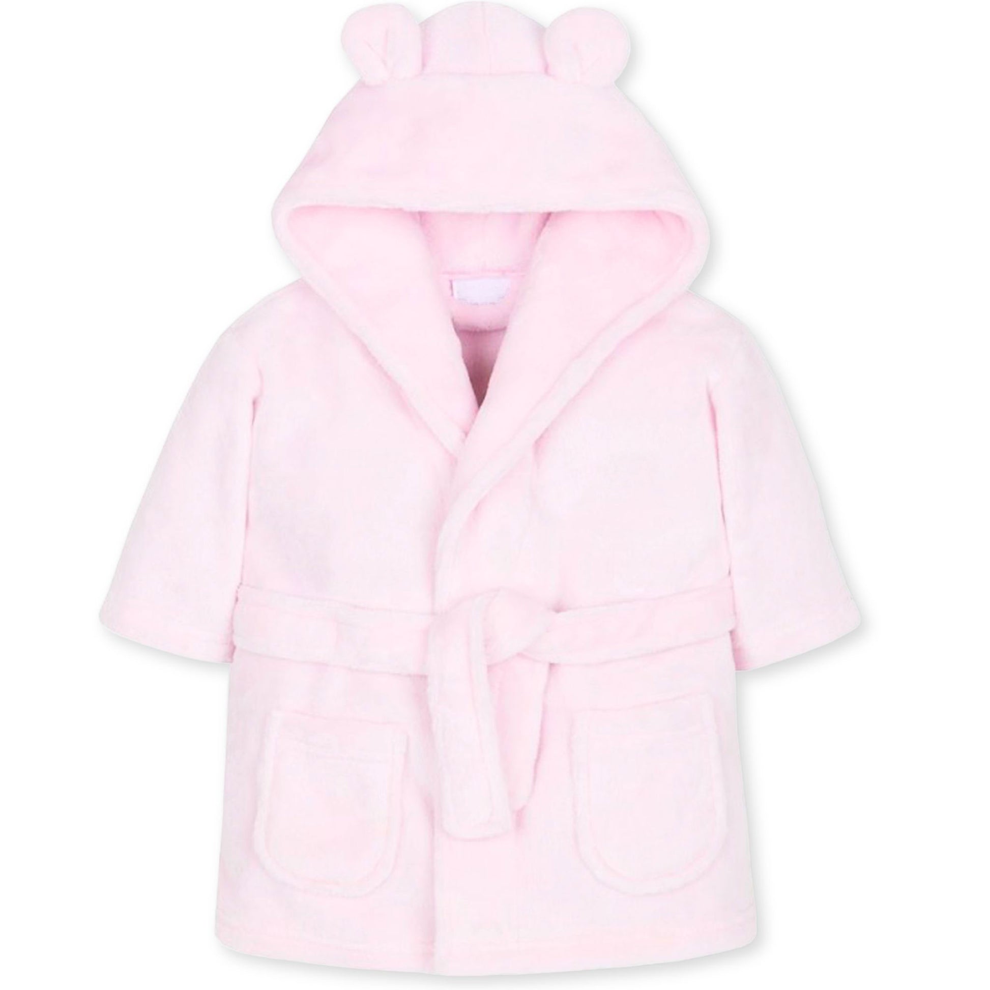 Pink children's robe with bear ears on a white background