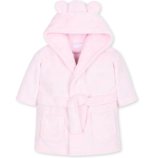 Pink children's robe with bear ears on a white background