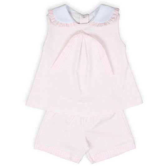 girls summer set, pink baby outfit, toddler girl shorts set, baby girl pink top and shorts, striped trim baby clothes, peter pan collar outfit, girls clothes 12 months to 4 years