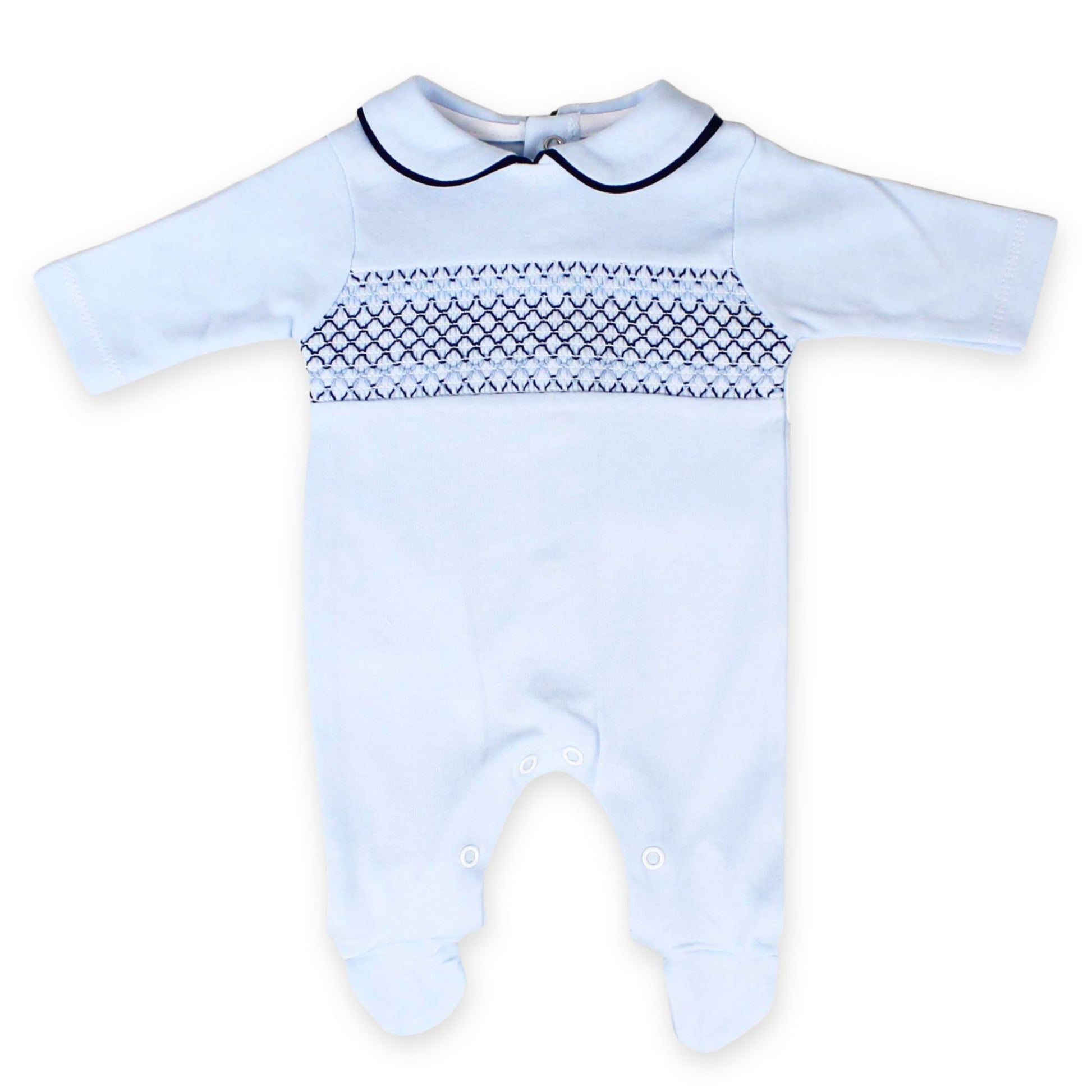 baby boys blue and navy all in one sleep suit smocking peter pan collar