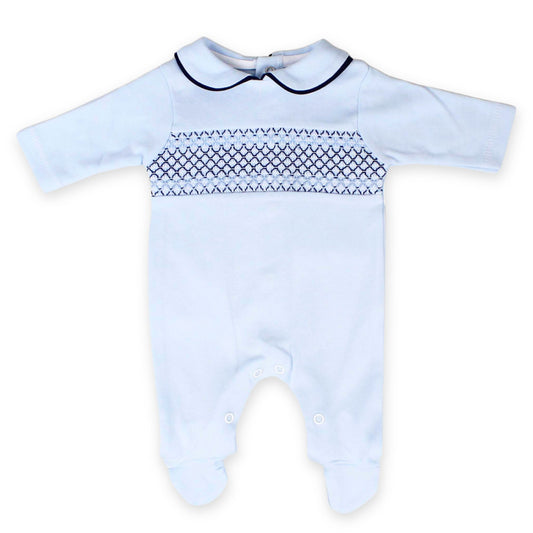 baby boys blue and navy all in one sleep suit smocking peter pan collar