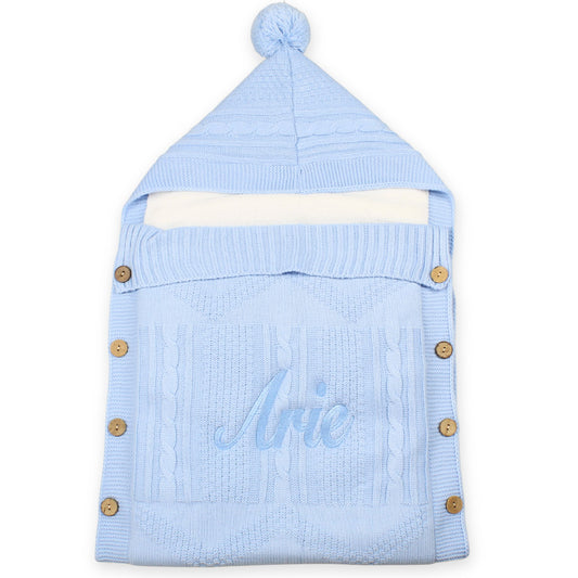 baby boys knitted baby wrap blue personalised name