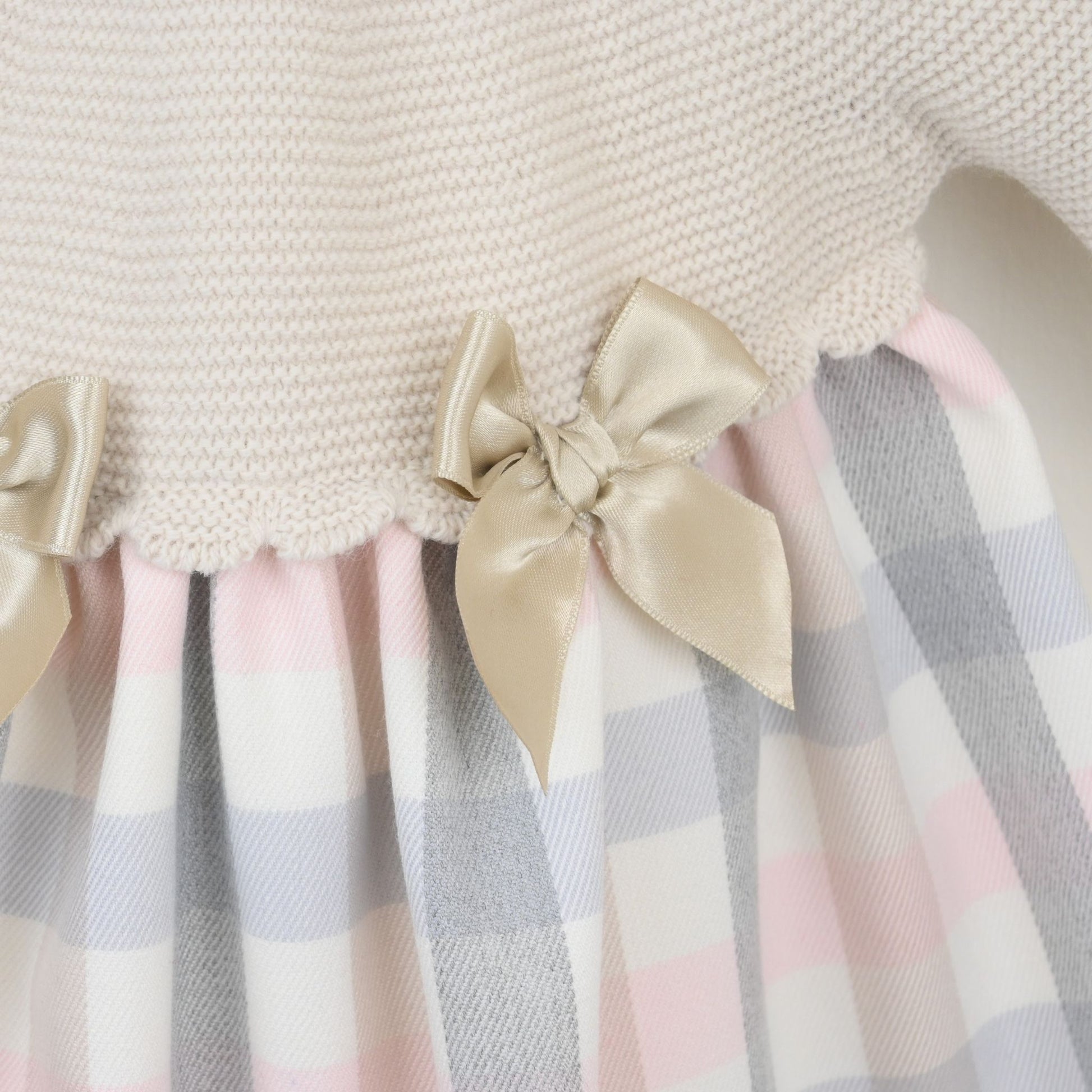 Beige & Pastel Check Baby Girl Dress with Satin Bows | Elegant Knit Outfit Lullaby Lane Baby Shop Beige & Pastel Check Baby Girl Dress with Satin Bows | Elegant Knit Outfit Lullaby Lane Baby Shop