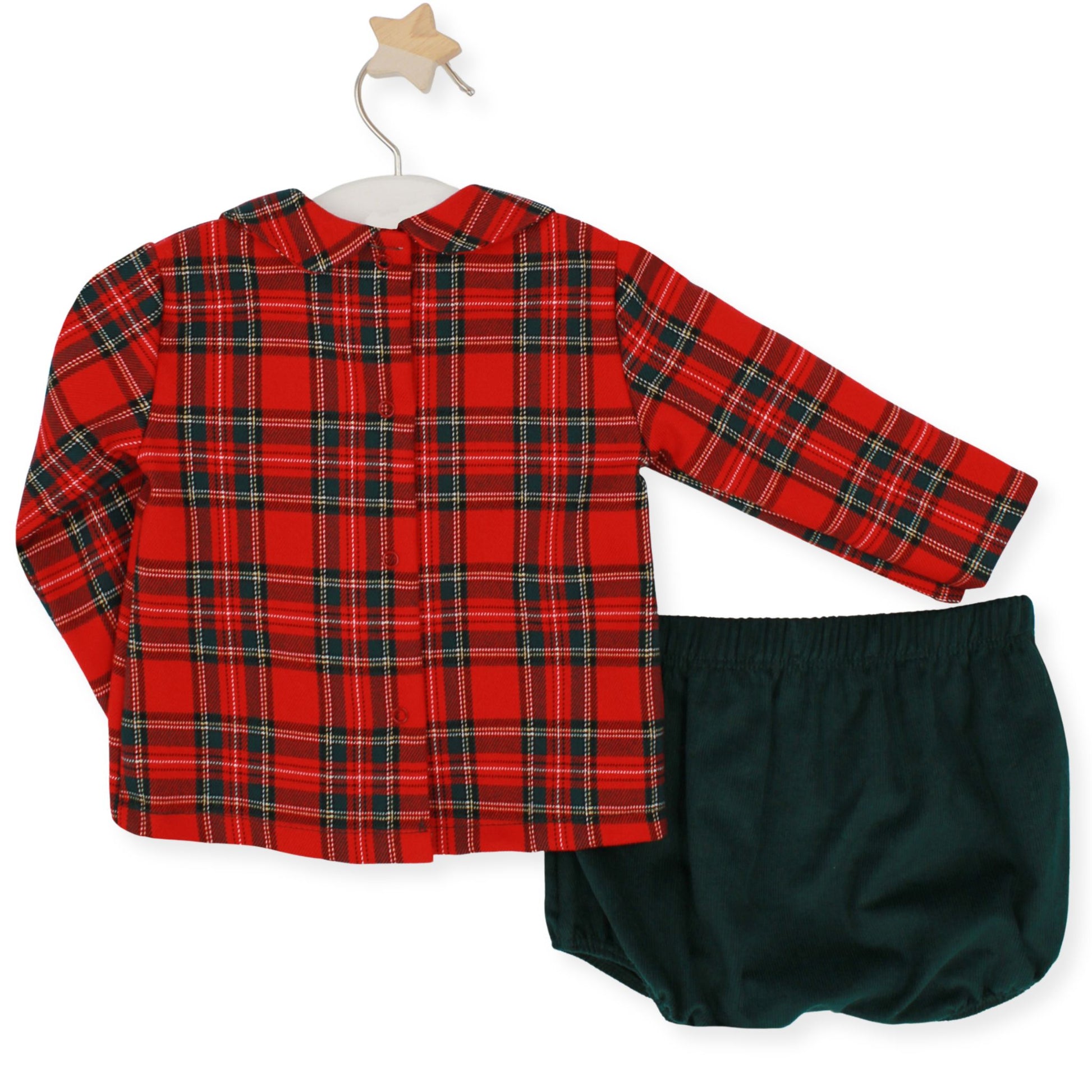 Red plaid shirt and green bloomers on a white background