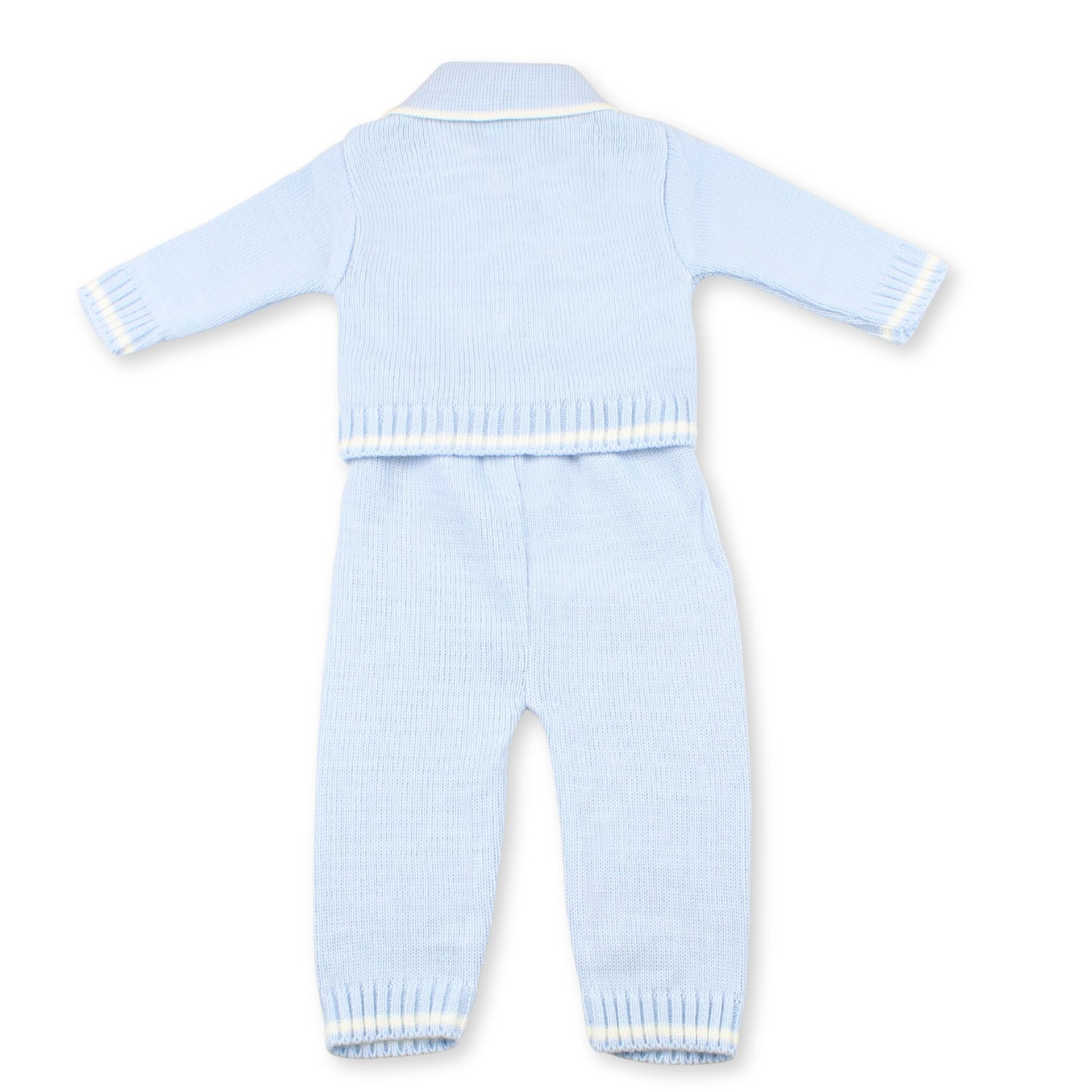 Light blue knitted baby outfit with matching pants on a white background