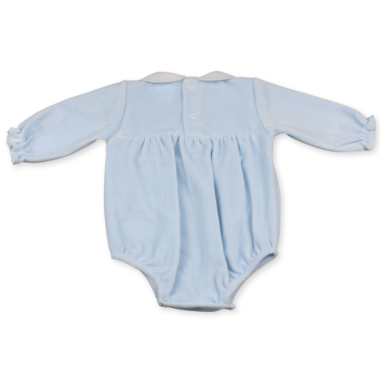 Kleo Kids Baby Boys Blue Velour Smocked Romper with Train Embroidery