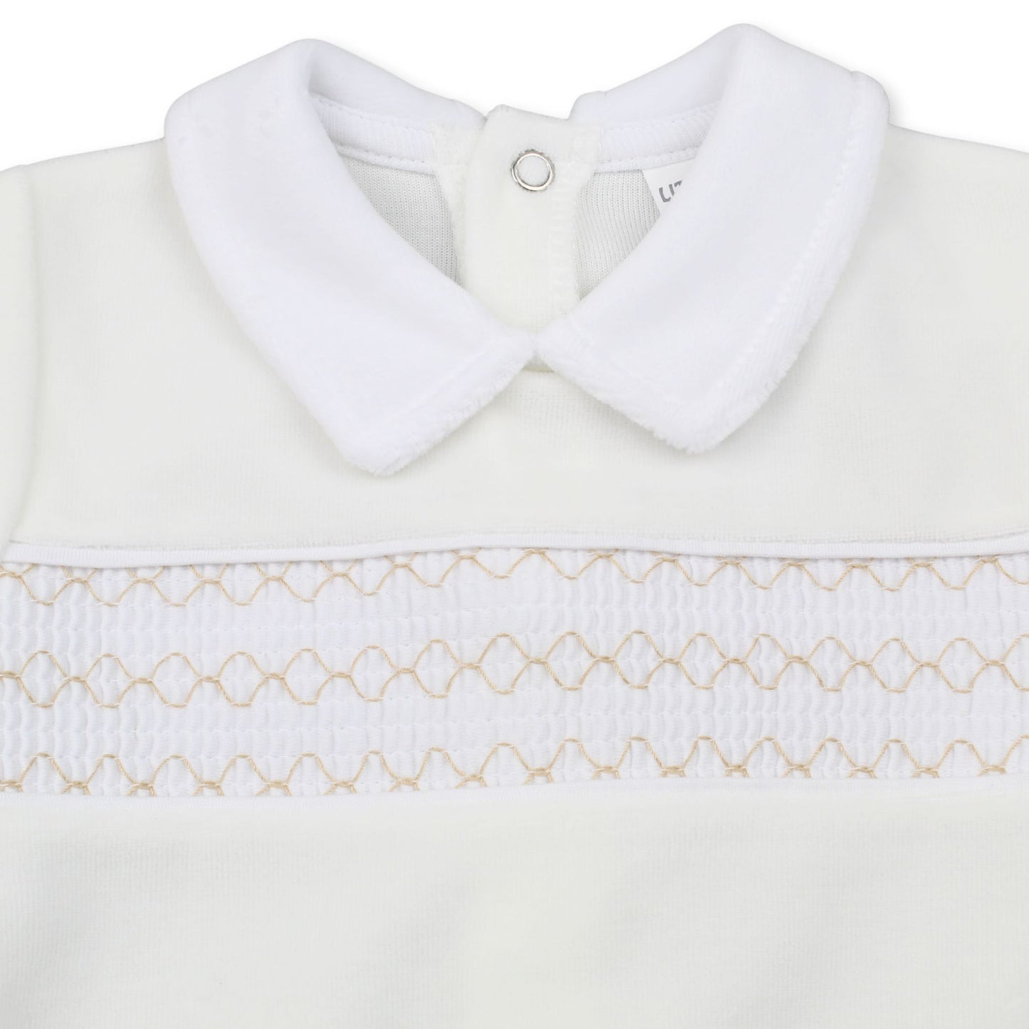 Little Nosh Baby Unisex Cream Velour Sleepsuit with Smocking
