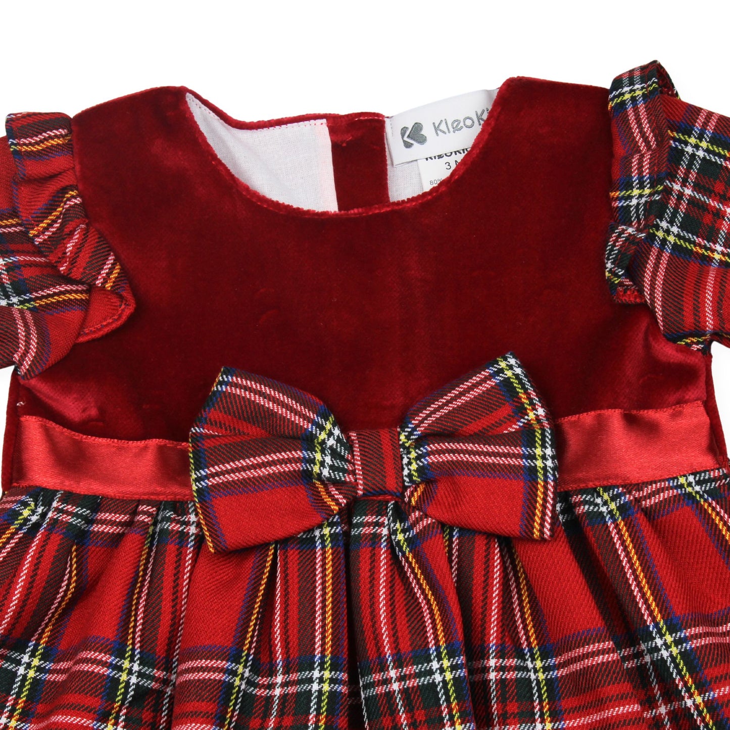 Red velvet dress with plaid details and a bow, brand kleo Kids visible.