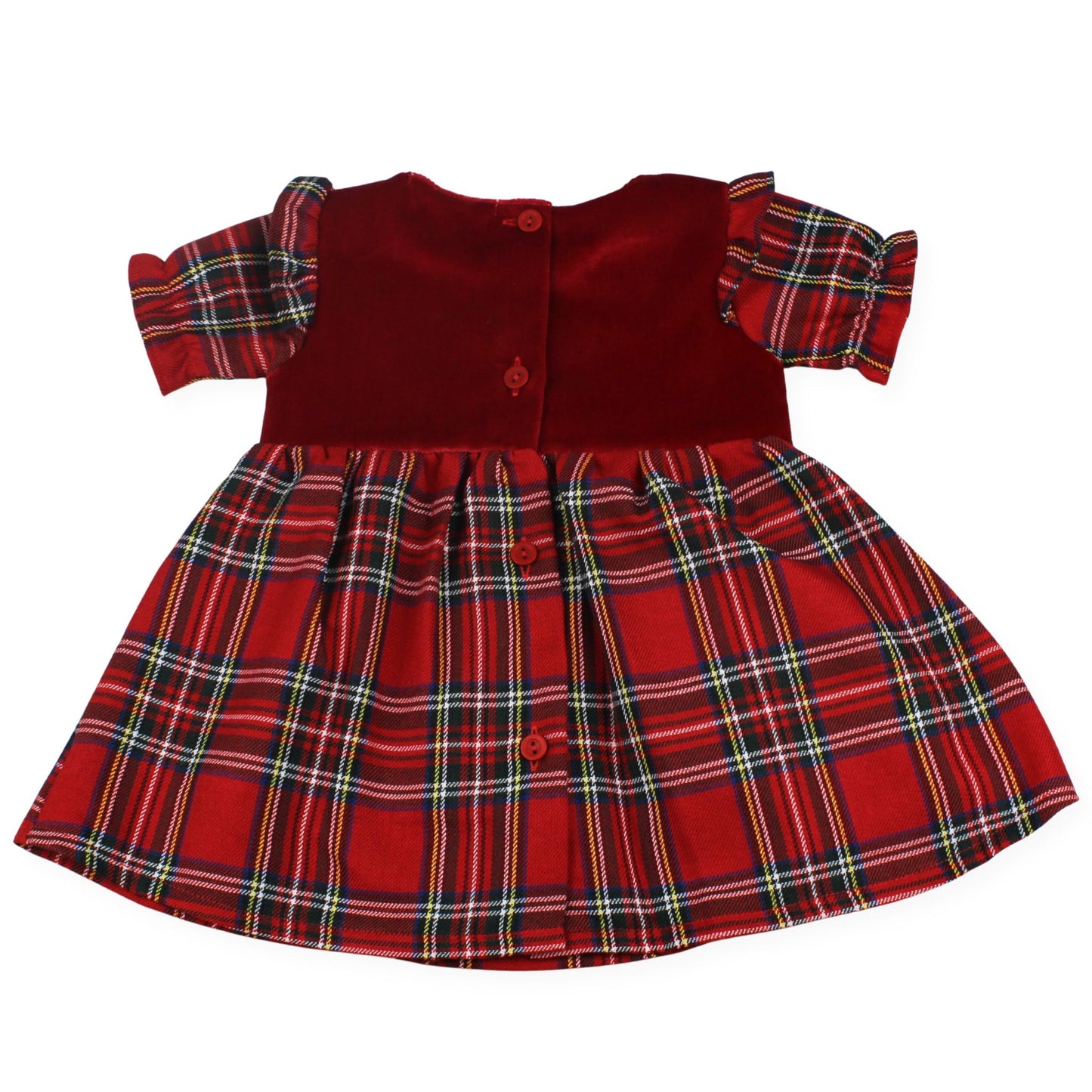 Red plaid dress with ruffled sleeves on a white background