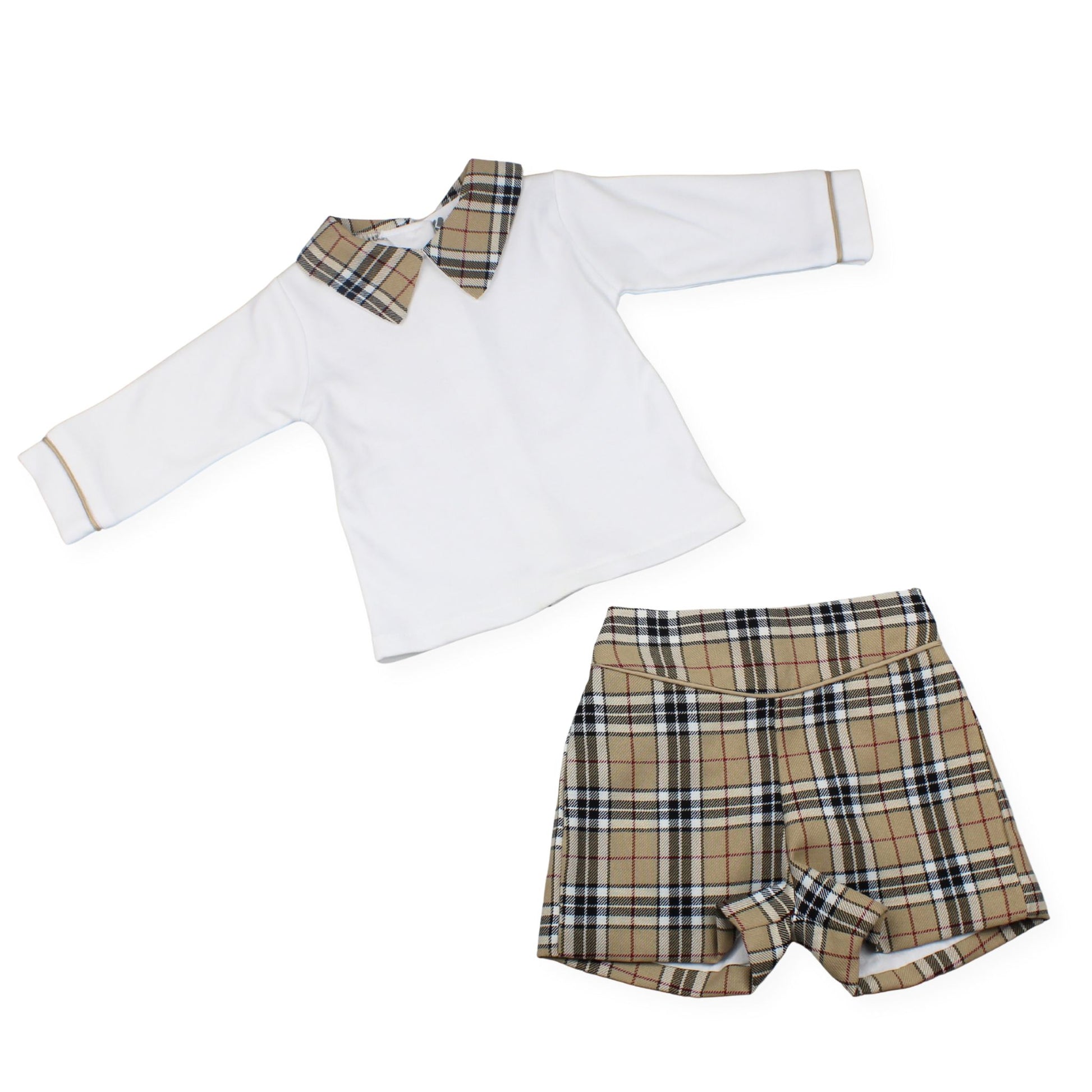 White long-sleeve shirt with plaid accents and plaid shorts on a white background