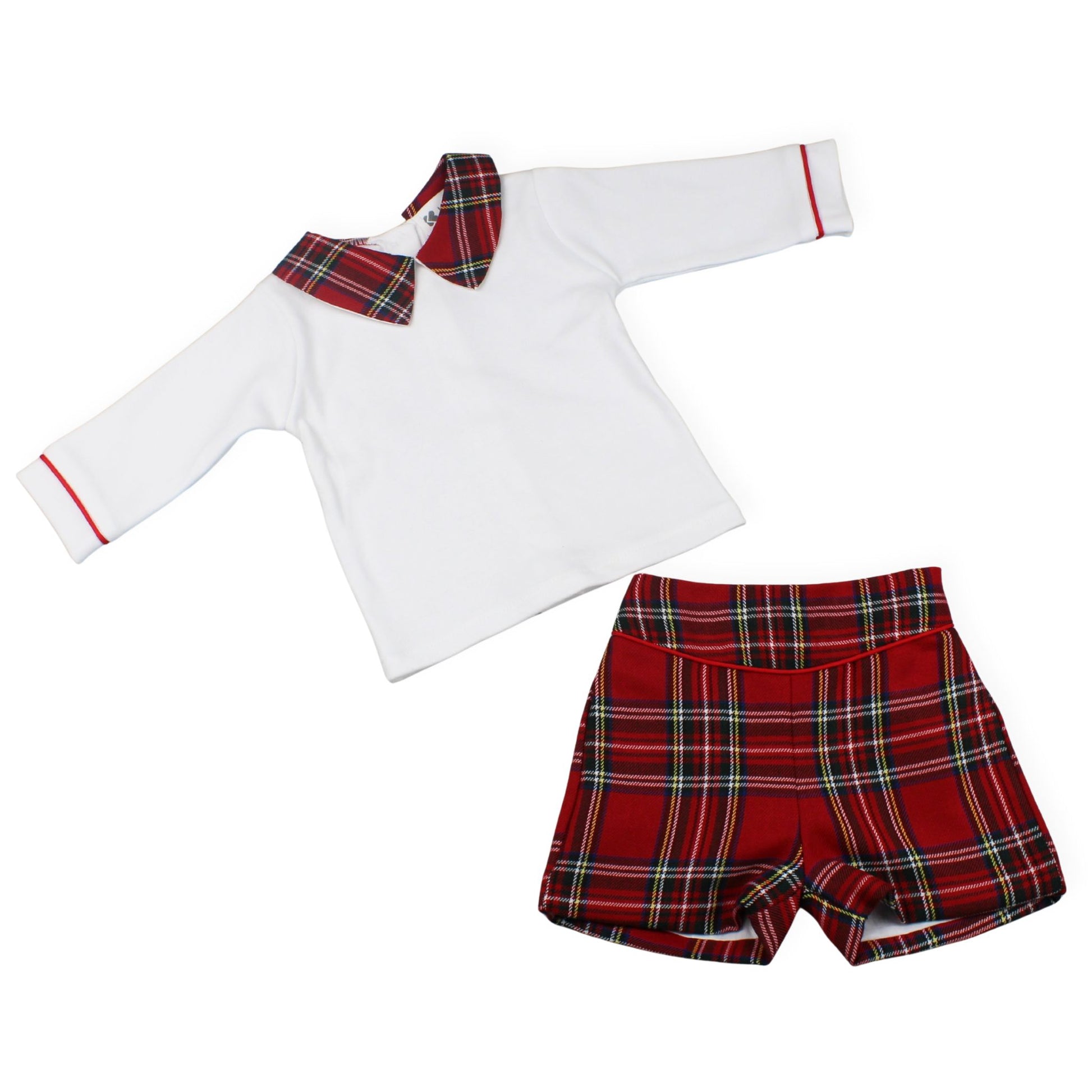 White long-sleeve shirt with plaid collar and red plaid shorts on a white background