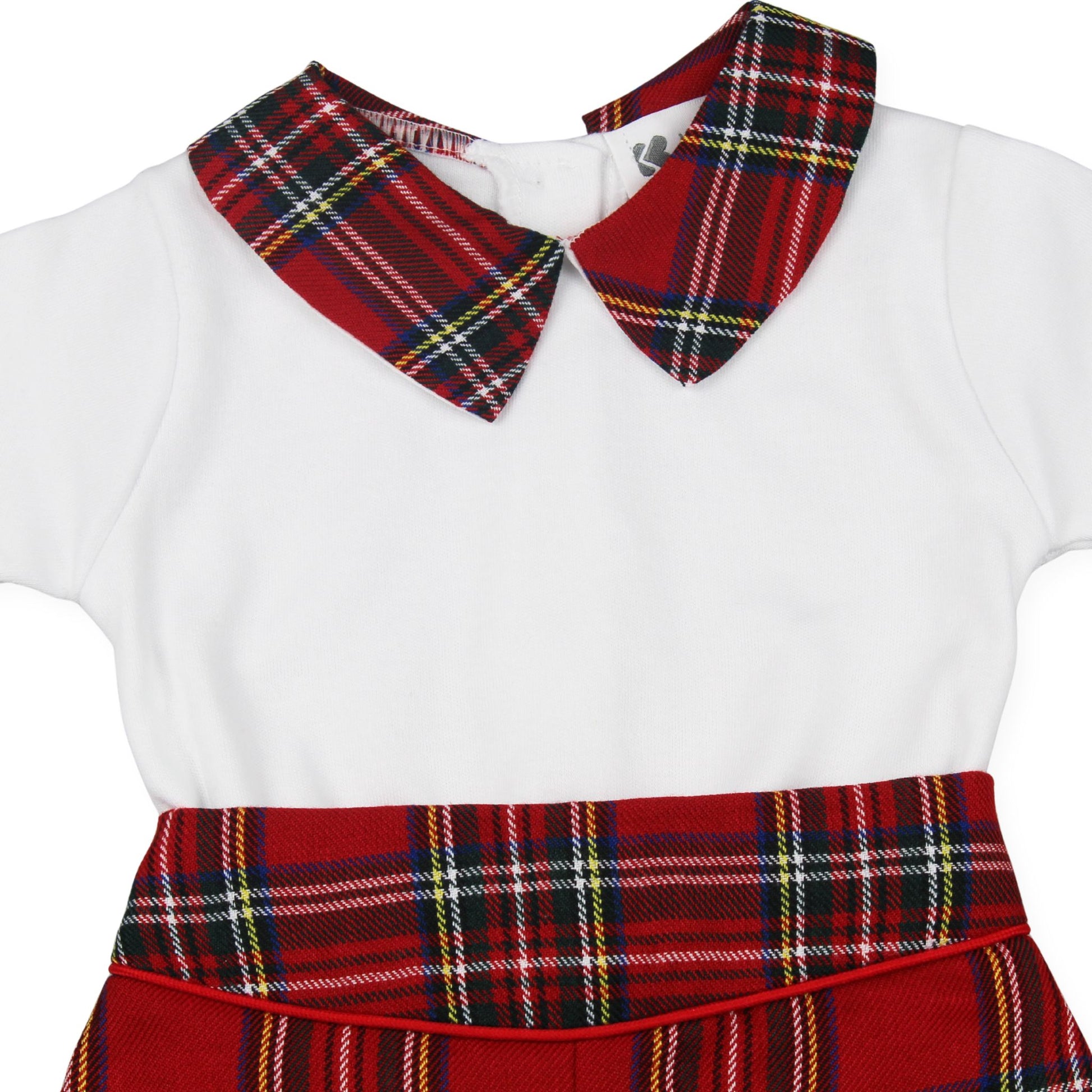 White shirt with red plaid collar and skirt on a white background