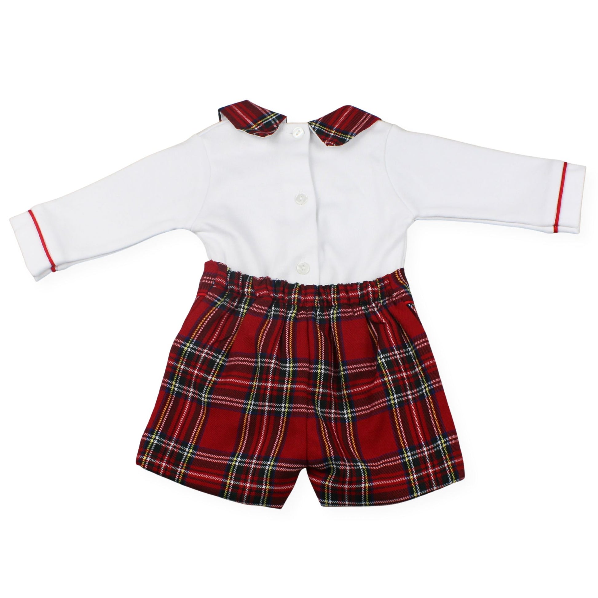 Children's outfit with white shirt and red plaid shorts on a white background