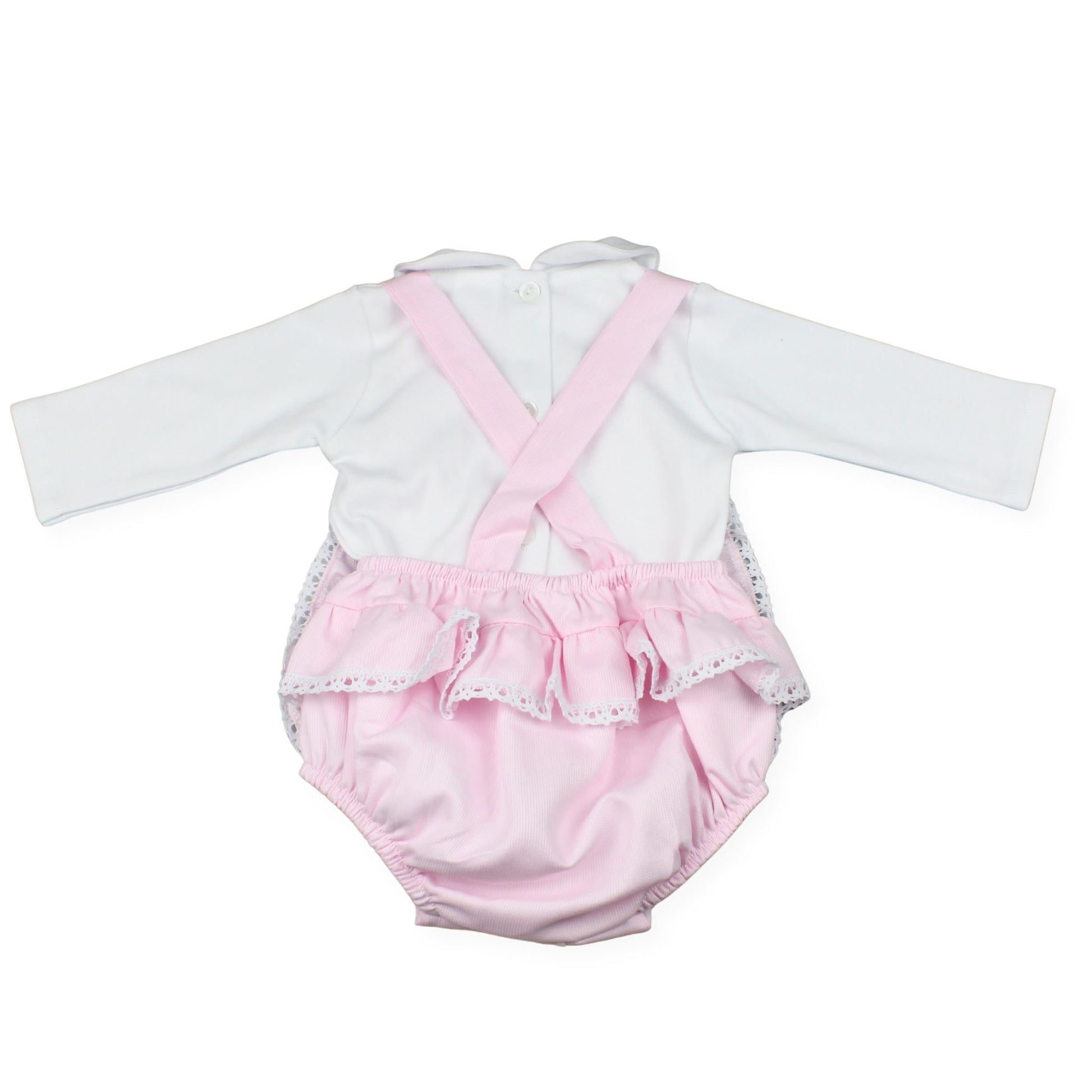 Baby outfit with white long-sleeve shirt and pink ruffled bloomers on a white background