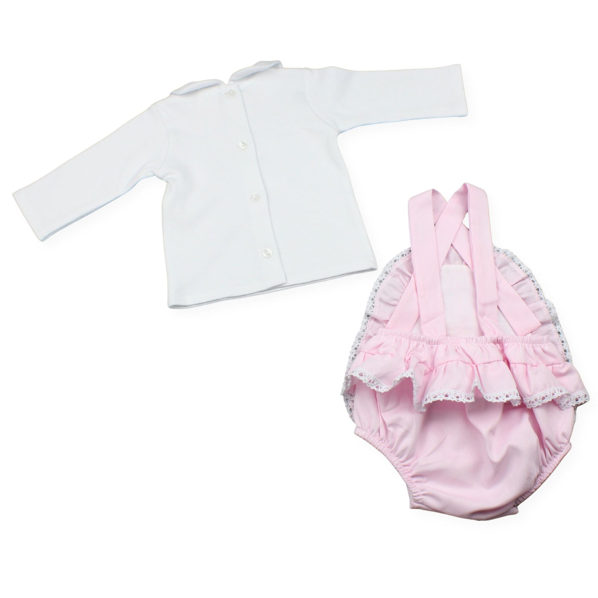 White long-sleeve shirt and pink diaper with ruffles on a white background