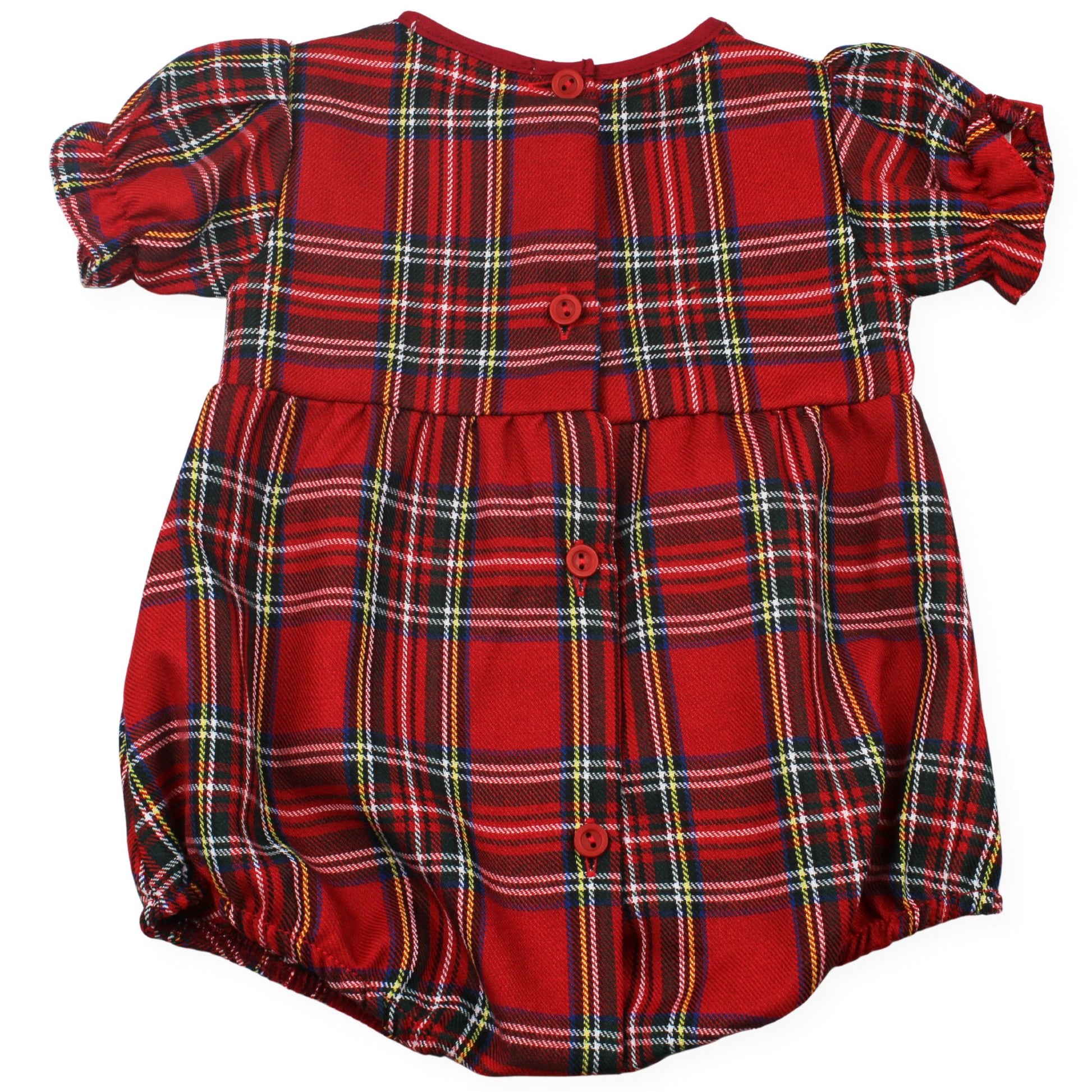 Red plaid baby romper on a white background