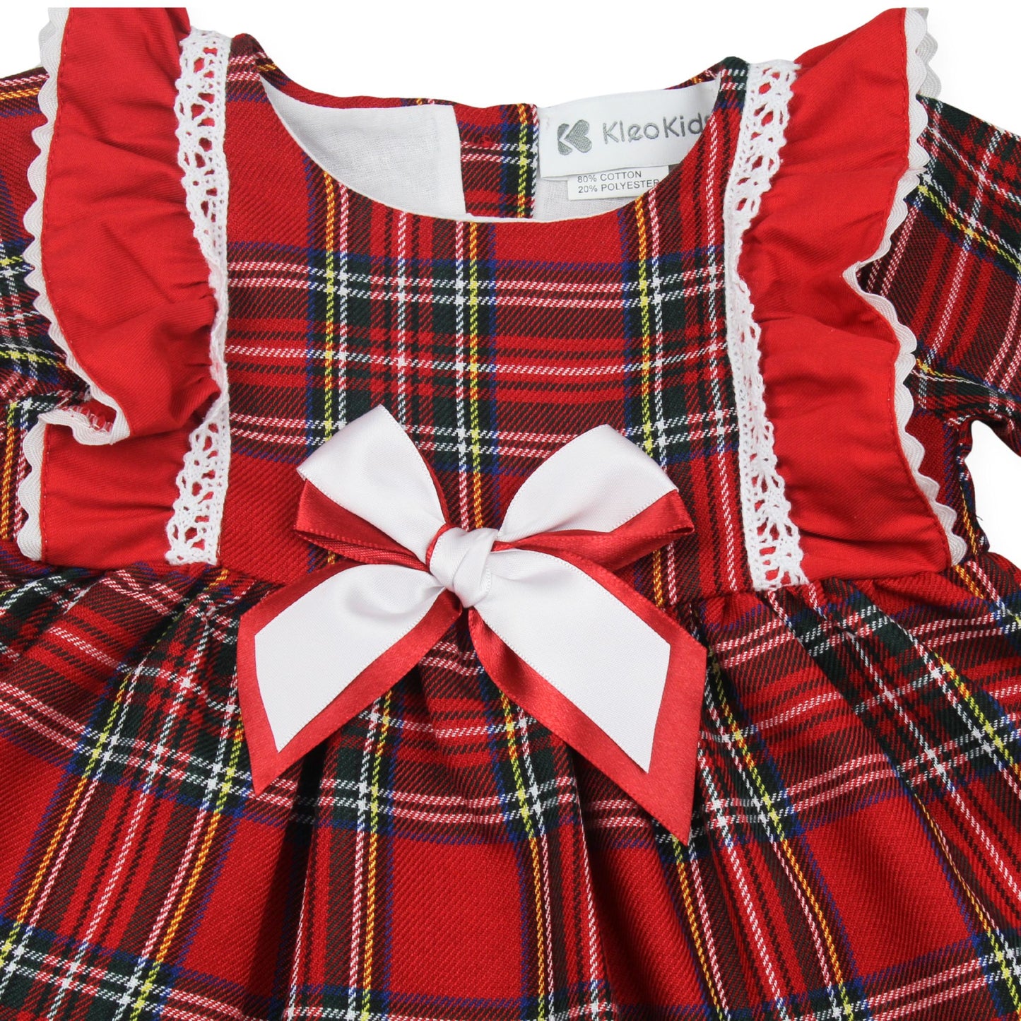 Red plaid dress with white lace trim and a bow, featuring the KleoKids brand.