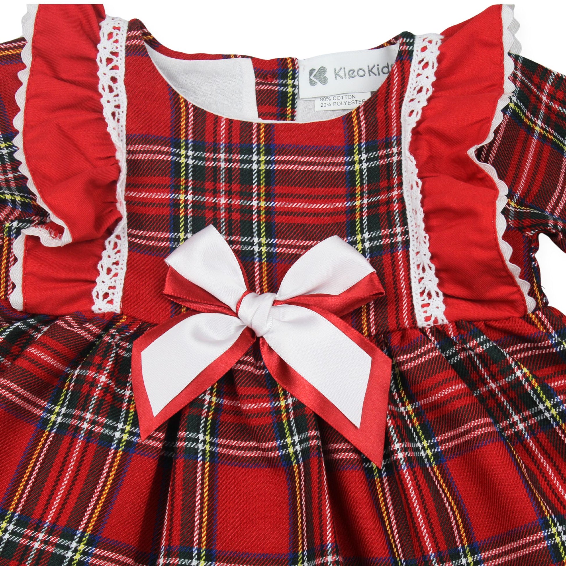 Red plaid dress with white lace trim and a bow, featuring the KleoKids brand.