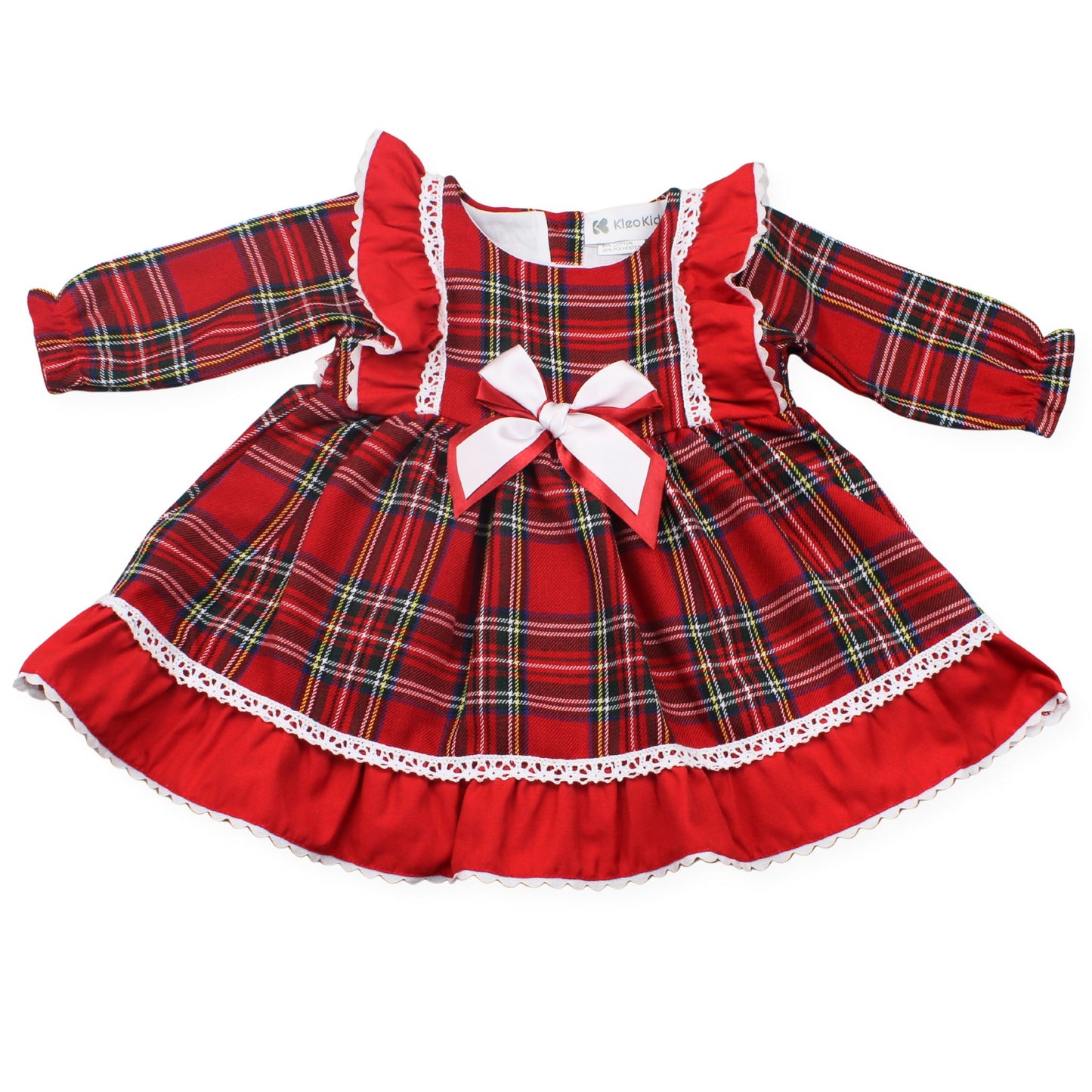 Red plaid dress with white trim and a bow on a white background