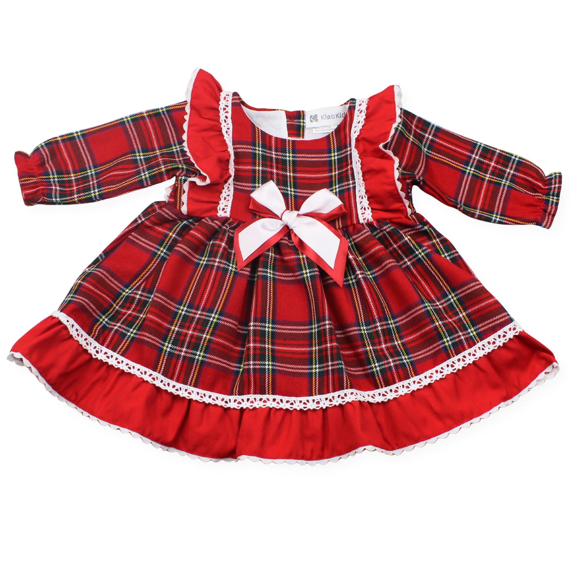 Red plaid dress with white trim and a bow on a white background