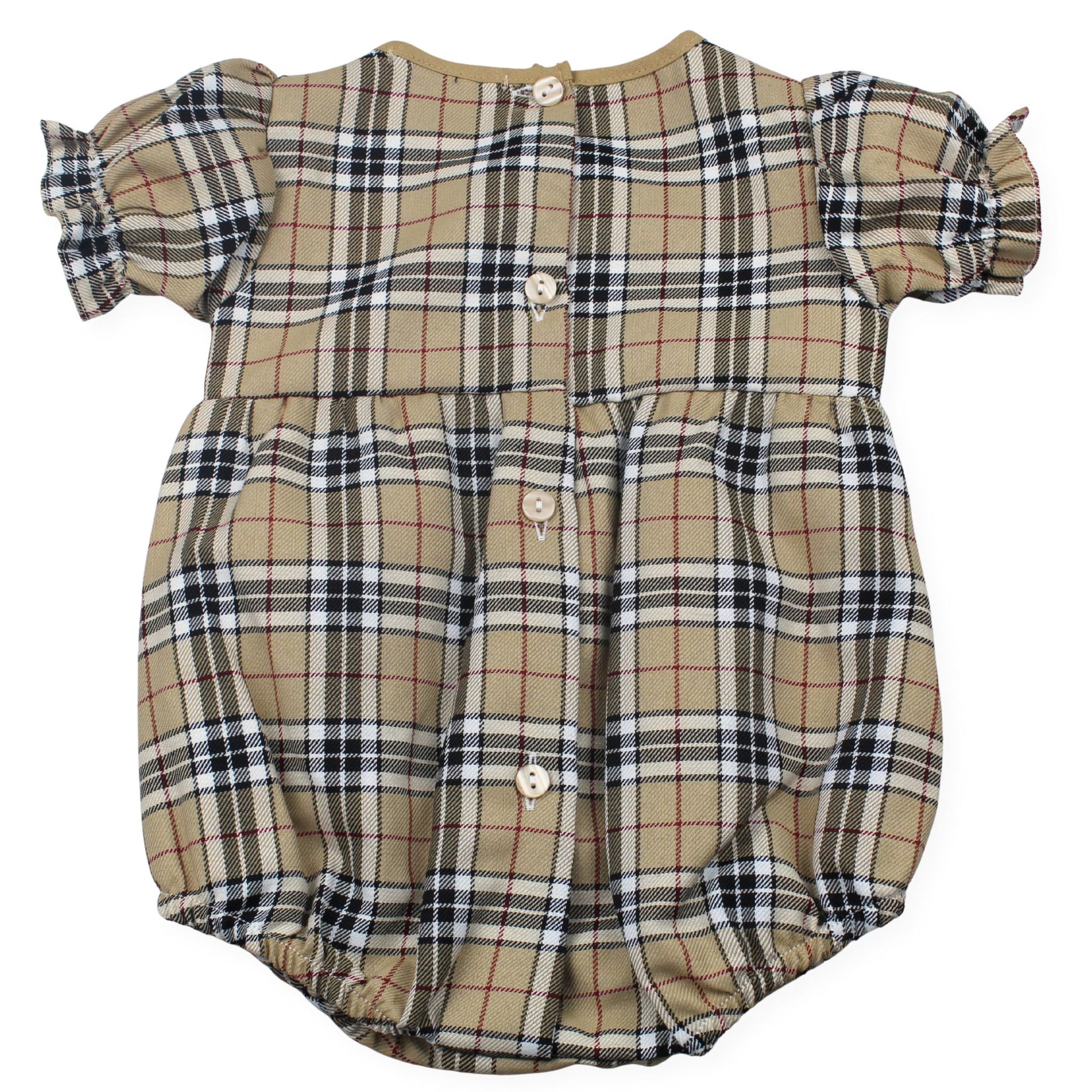Plaid baby romper with puff sleeves on a white background