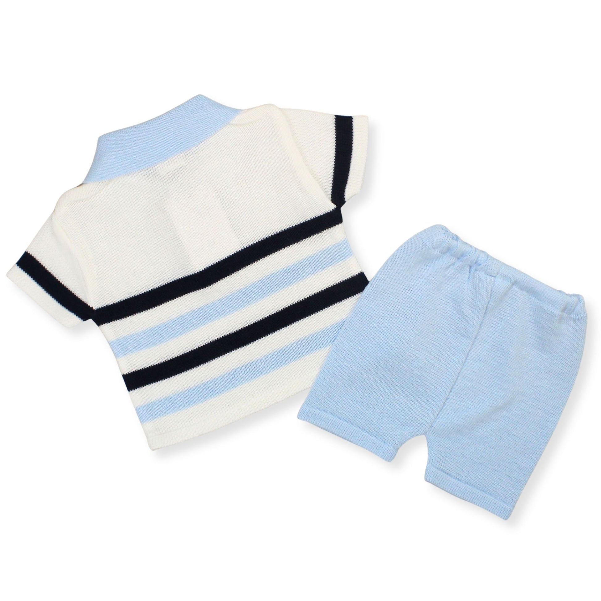 Children's outfit with striped shirt and light blue shorts on a white background