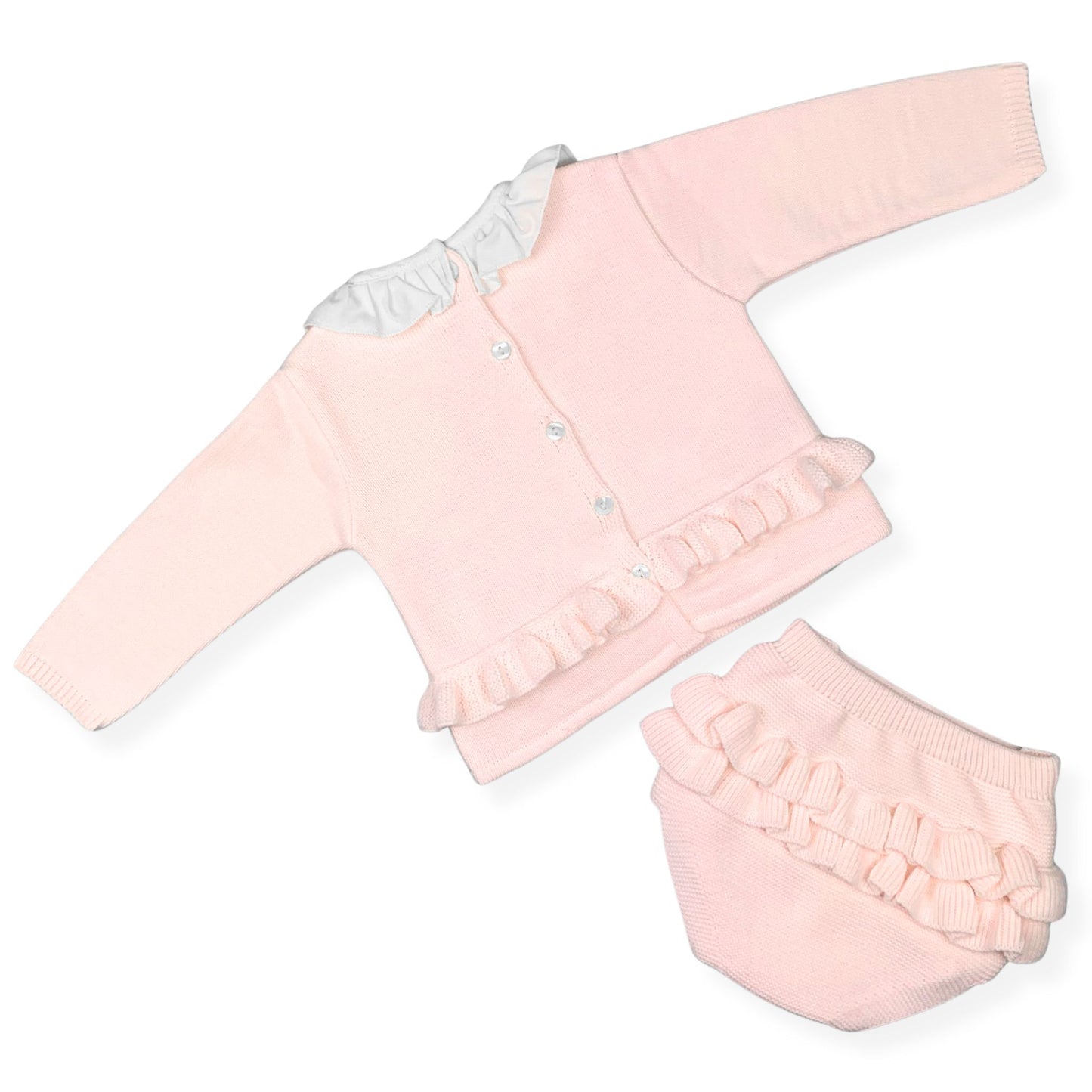Pink baby outfit with long-sleeve top and matching bloomers on a white background