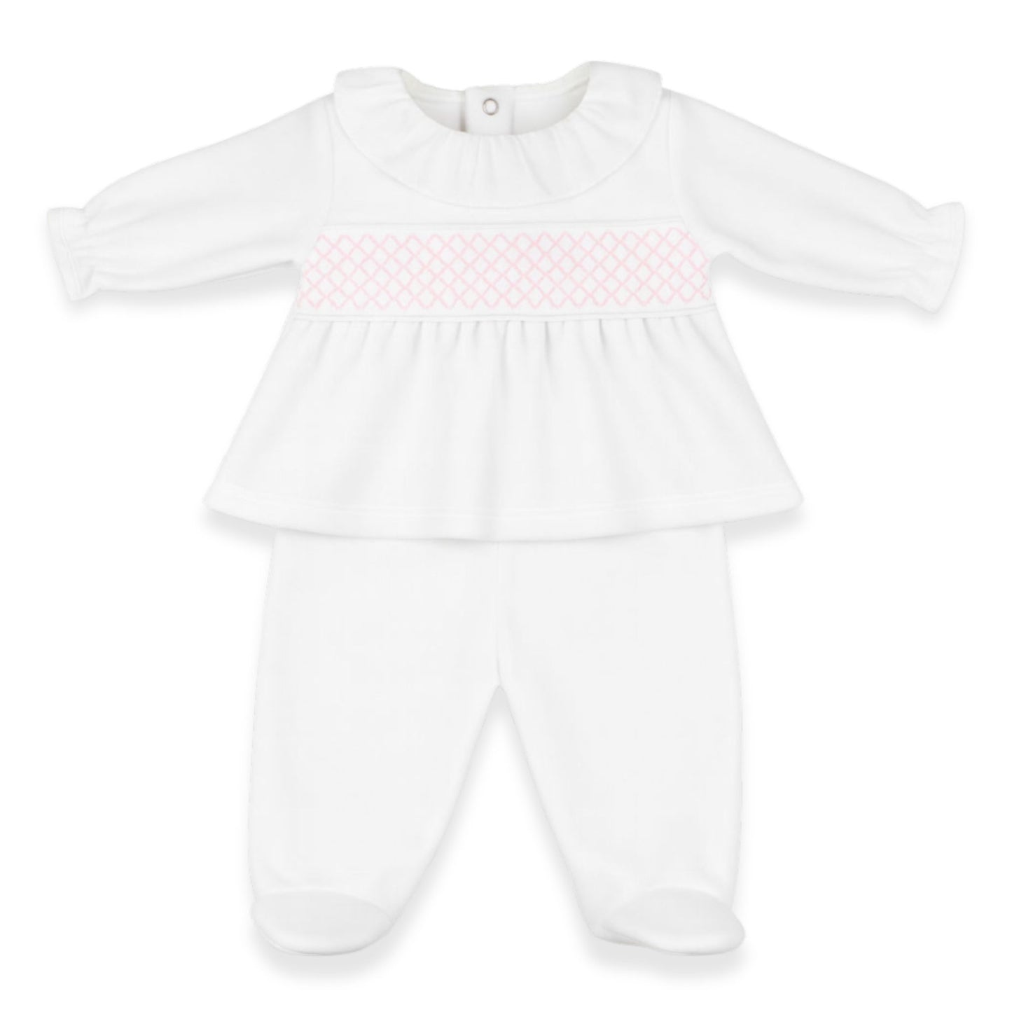 White baby outfit with pink smocked collar on a white background