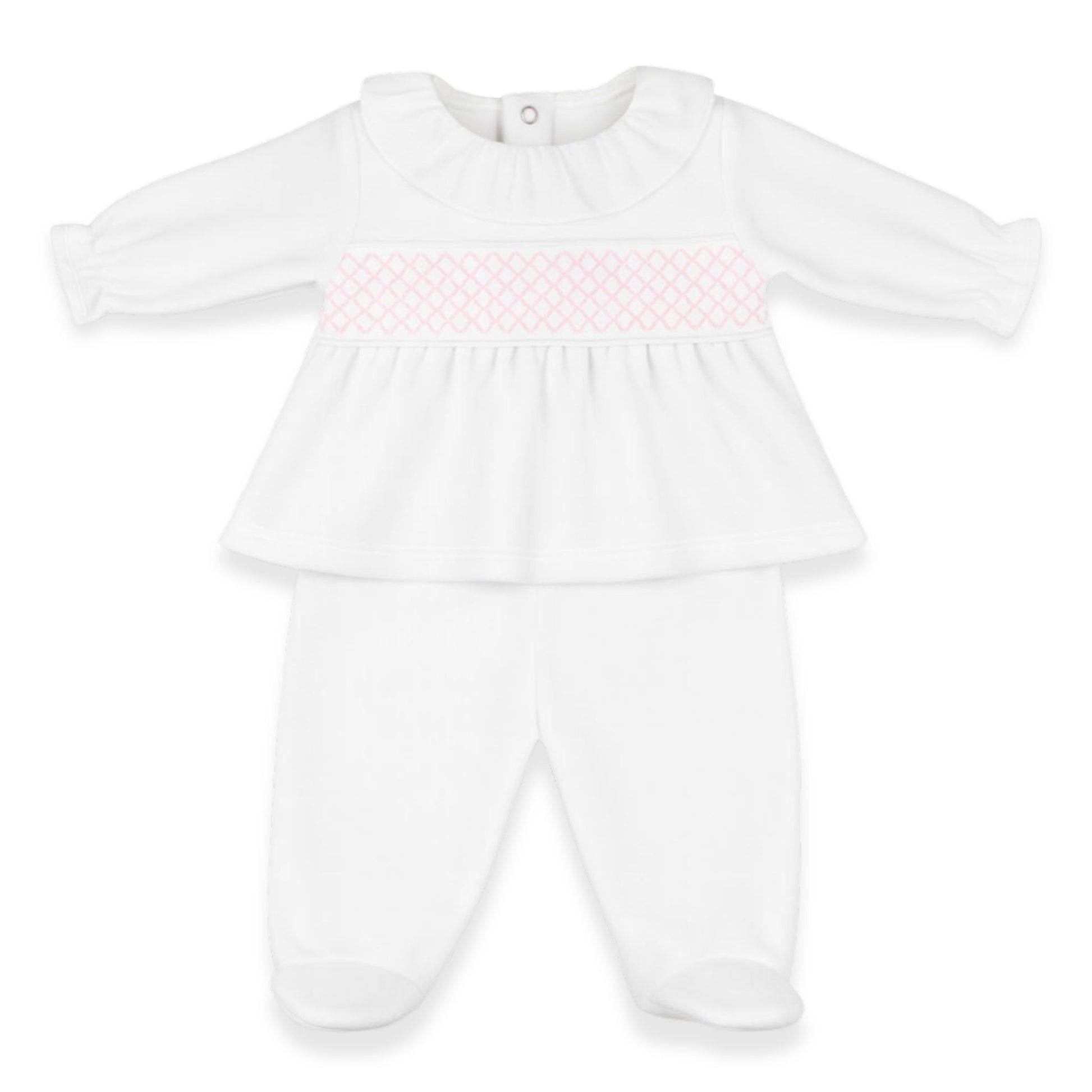 White baby outfit with pink smocked collar on a white background