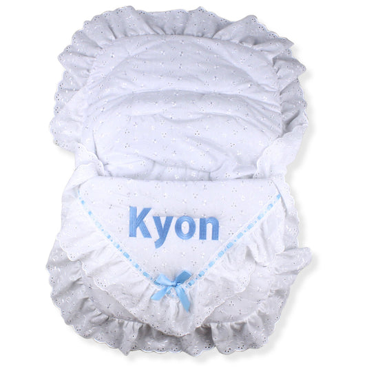 Car Seat Footmuff -Personalised - White and Blue