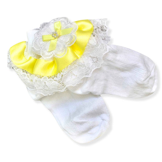 Baby Girl Frilly Socks with lace and satin yellow bow